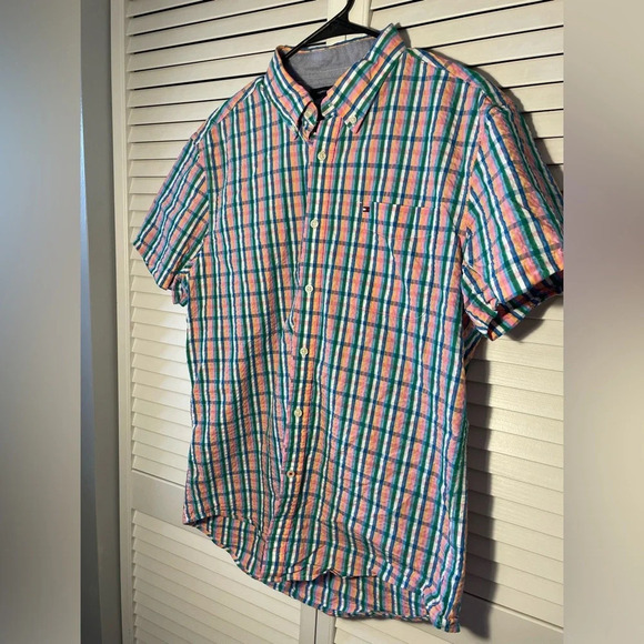 Tommy Hilfiger Short Sleeve Button Down Seersucker Colorful Shirt Size Large EUC - Picture 5 of 13